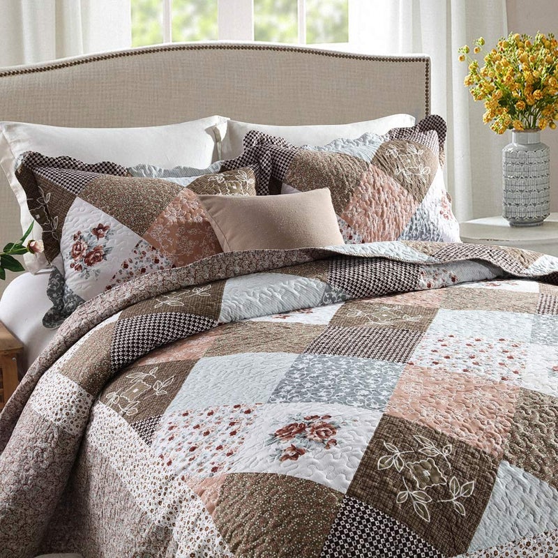 NEWLAKE Quilt Bedspread Sets-Checkered Floral Reversible Coverlet Set,Queen Size - Image 2